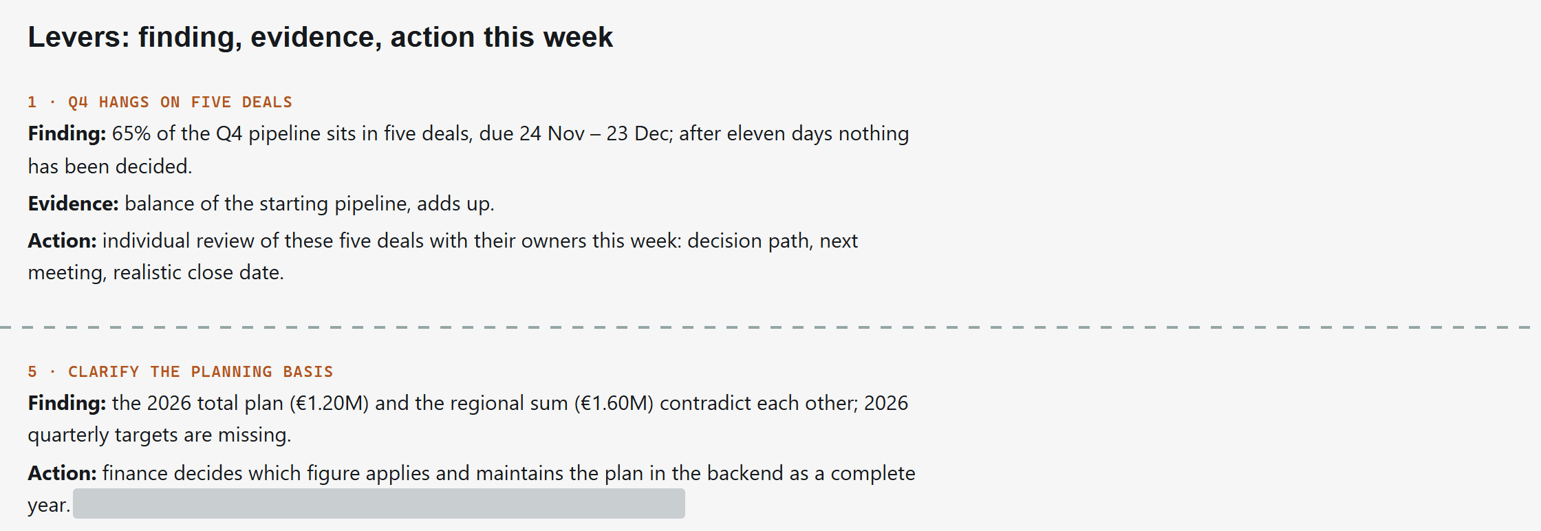 AI Insights tab in two excerpts: the first lever with finding, evidence and action on the five deals of the running quarter; below it the fifth lever on the planning basis.
