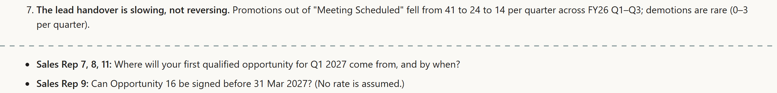 AI Insights tab in two excerpts: the point on the lead handover, which is slowing, not reversing; below it two questions for one-on-ones.