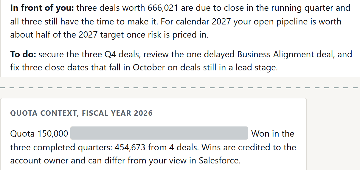 Overview tab of the sales rep dashboard in two excerpts: two paragraphs from the head of the run, “In front of you” and “To do”; below them the card on the quota of fiscal year 2026 with the quota and the amount won in the three completed quarters.